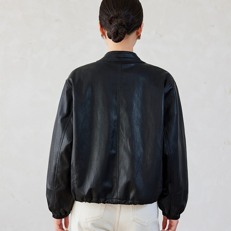 Áo khoác da nữ ngắn cổ đứng lót lông dày dặn — Cà phê đỏ với fleece dày, Màu đen Fleece dày chi tiết 3