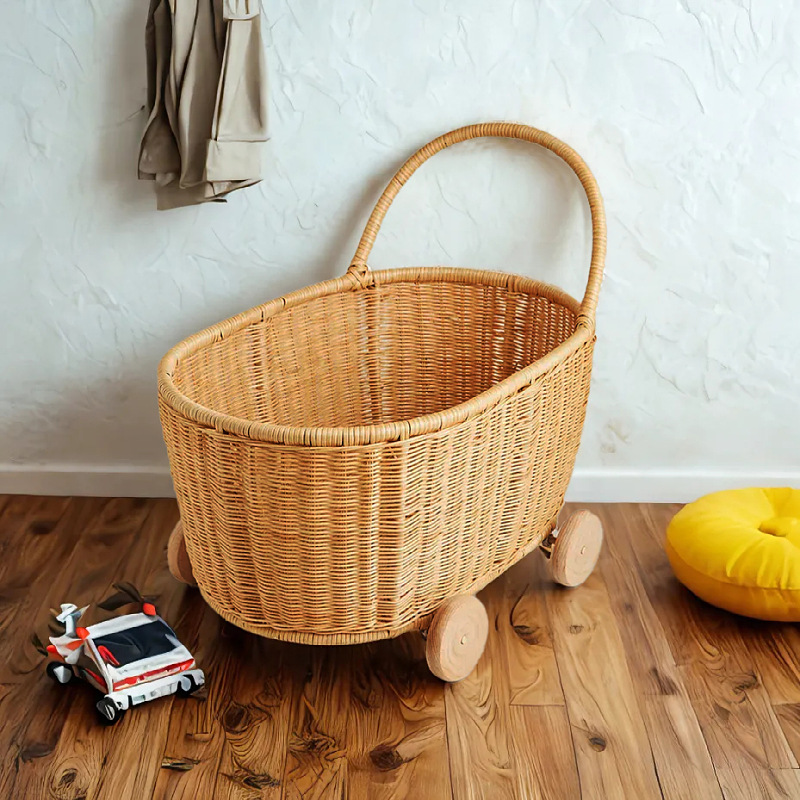 Cesta de almacenamiento de juguetes de ratán para jugar a la familia 3-6 años de edad, cochecito de ratán, cesta de almacenamiento tejida a mano
