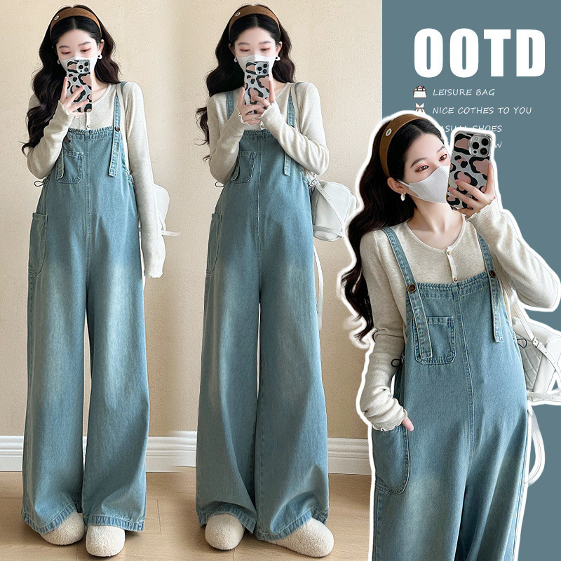 2025 Spring Maternity Simple Two-piece New Korean Long-sleeved Top Wash Denim Pregnant Women's Strap Pants