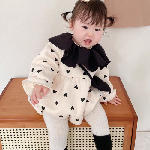 Korean version of autumn and winter baby love plus velvet harem princess bag fart clothing winter warm jumpsuit baby festive crawl suit