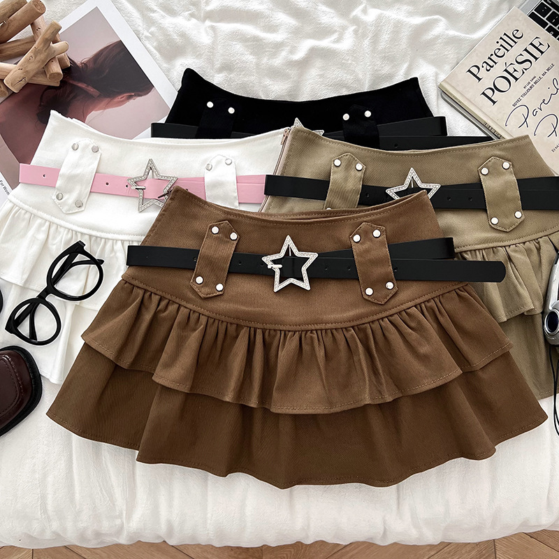 外贸甜辣时尚百搭镶钻星星扣皮带高腰显瘦荷叶边半身裙防走光短裙