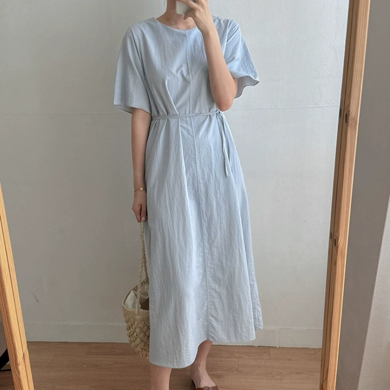 Внешняя торговля Amazon AliExpress Корейское шикарное летнее простое повседневное прямое платье с круглым вырезом и юбкой с поясом