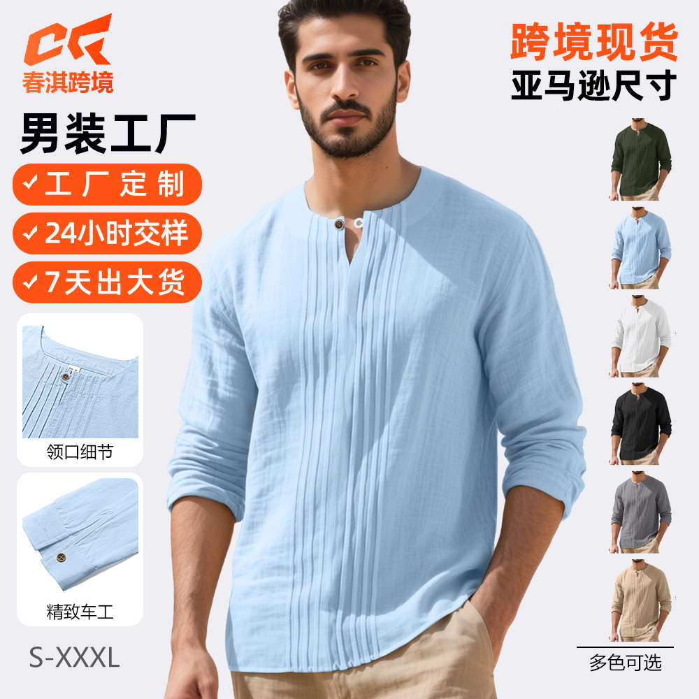 Europa y los Estados Unidos transfronterizos Amazon spot cuello redondo de manga larga hombre primavera otoño y verano camisa de algodón suelta