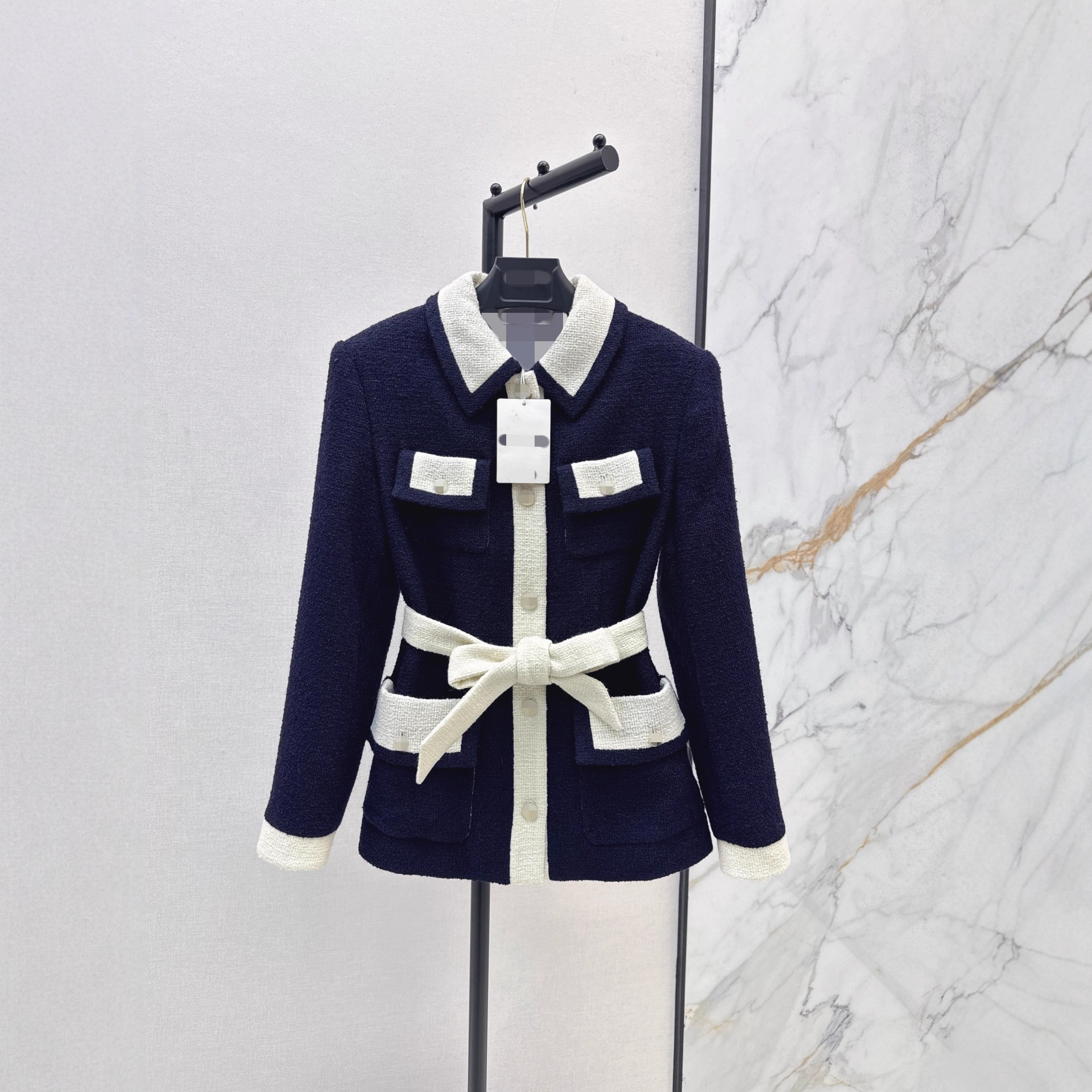 深圳南油新款25甜美少女绑带收腰撞色翻领四口袋中长款羊毛呢外套