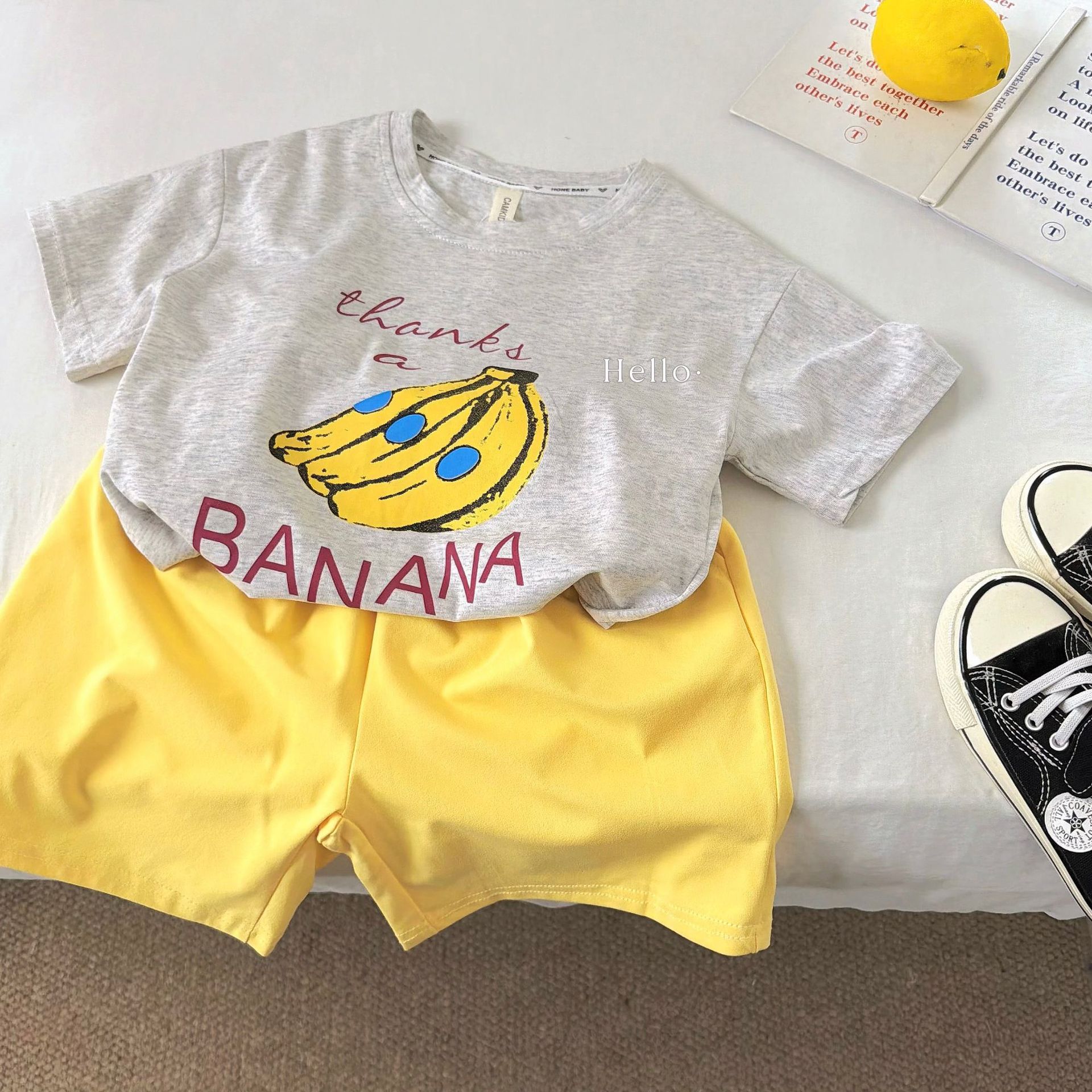 Children's summer set for men and women, T-shirt with letters, trousers, for teenagers, Korean style 4