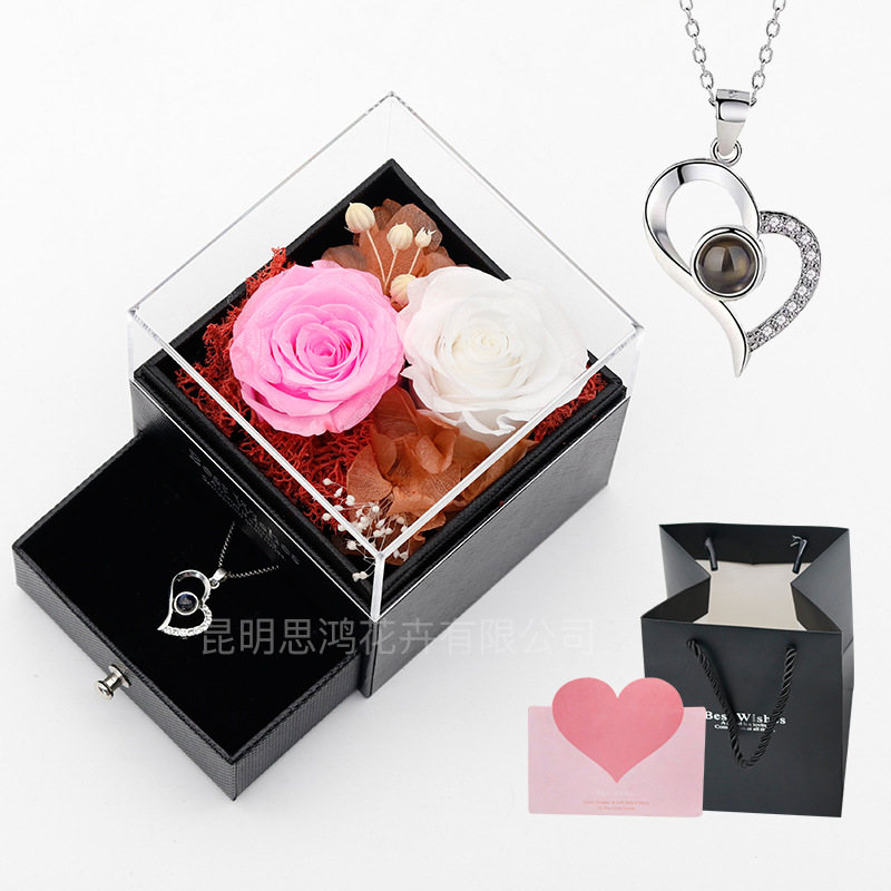 Caja de regalo de joyería con luz, rosa de flor real eterna, para el Día de San Valentín y el Día de la Madre, venta al por mayor transfronteriza de Amazon.
