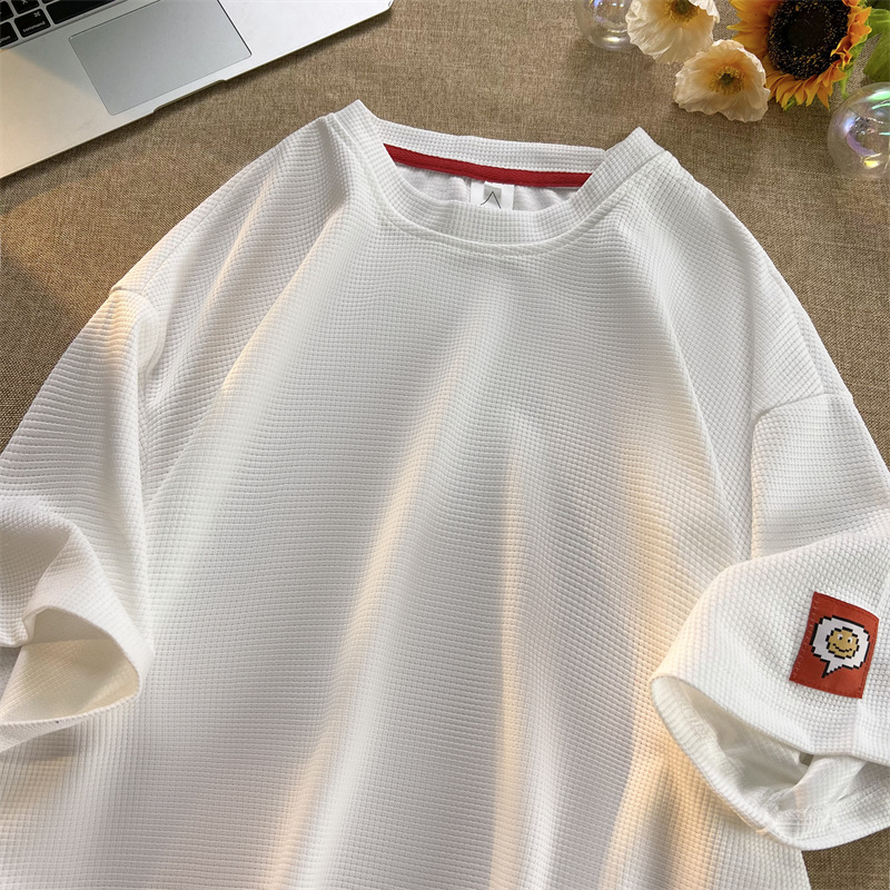 Waffle pesada manga corta verano de los hombres suelta cuello redondo Camiseta marca de moda etiquetado simple moda media manga pareja camiseta