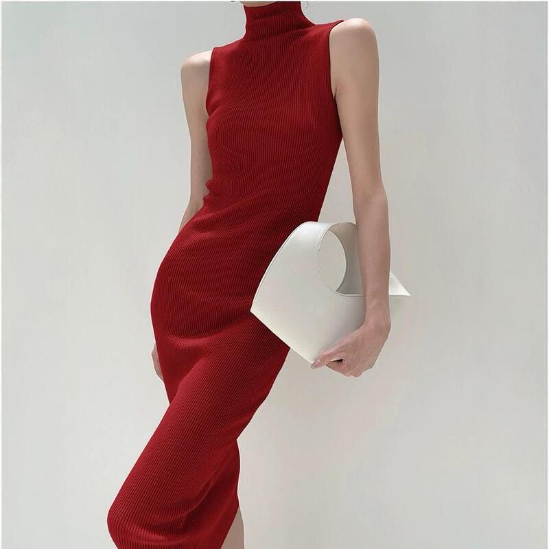 French High Neck Knitted Sleeveless dress Women's Inner 2024 Autumn and Winter Slim-fit Elegant Mid-length Base Hip Skirt