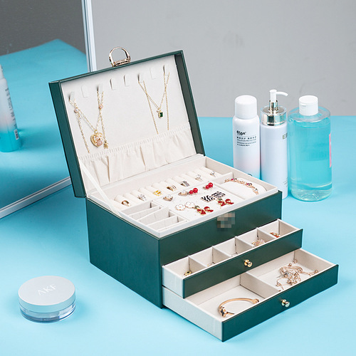 Large Capacity Three-Layer New Diamond Pattern Necklace Earring Lockable Luxury Jewelry Drawer Storage Box
