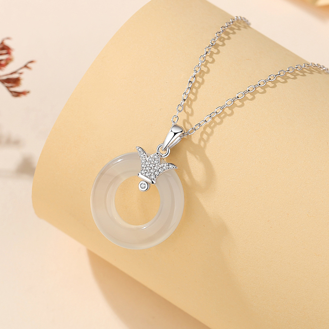 S925 plata blanco Jade hebilla de seguridad collar de las mujeres de moda nacional nuevo chino Rosa collar con diamante flor joyería al por mayor