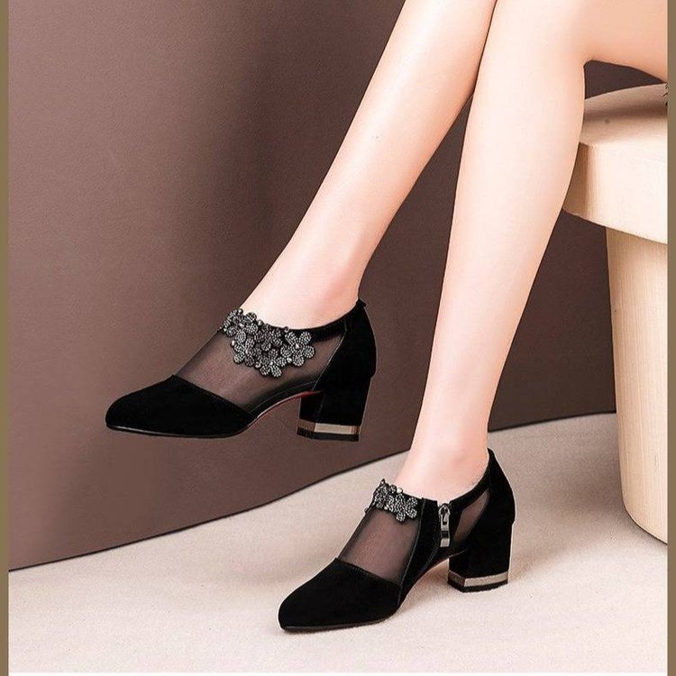 Zapatos de tela de diamante de mujer sandalias de talón hueco para mujeres 2026 nuevas botas de red de moda de verano botas de tacones gruesos para mujeres