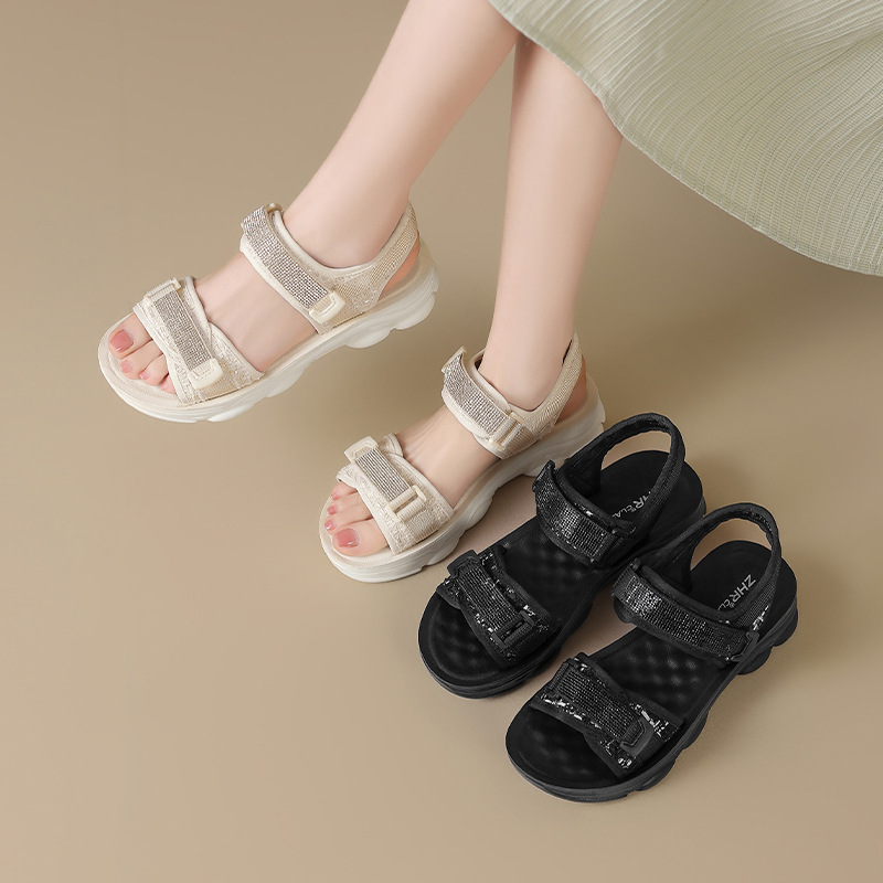 Sandal nữ đế dày quai dán đính đá phong cách thể thao — ES58 Màu be