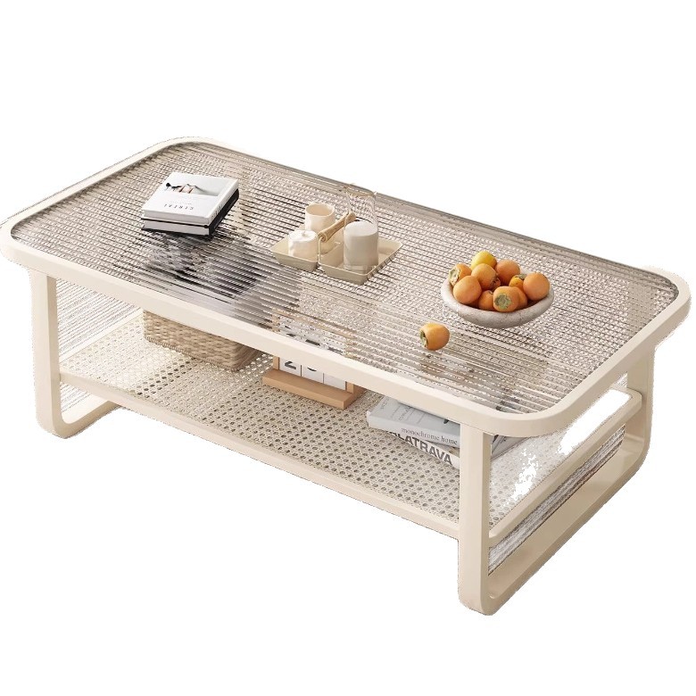 Mesa de té sala de estar doméstica 2025 nueva pequeña mesa móvil creativa de vidrio templado crema mesa de té de viento