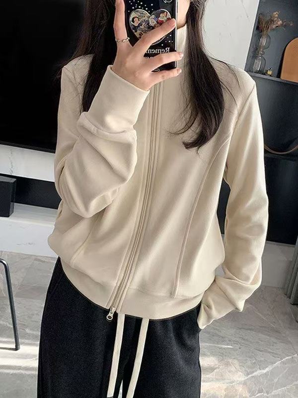 韩版德绒拉链长袖打底衫女2025新款秋冬宽松显瘦立领卫衣开衫外套|undefined
