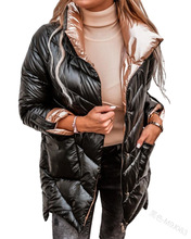 跨境货源2021欧美新款女士纯色光面可伸缩衣袖拉链开襟棉服