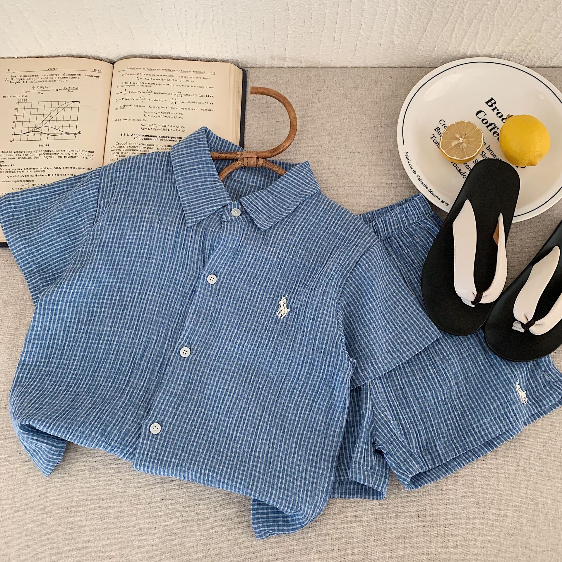 Children's Outfit 2026 Bugatang Summer New Embroidered Plaid Set for Boys and Girls, Baby Shirt Two-Piece Trendy Set