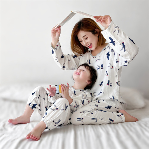 Parent-child home wear bamboo cotton gauze long-sleeved trousers suit four seasons spring and summer air-conditioned room pajamas and pajamas