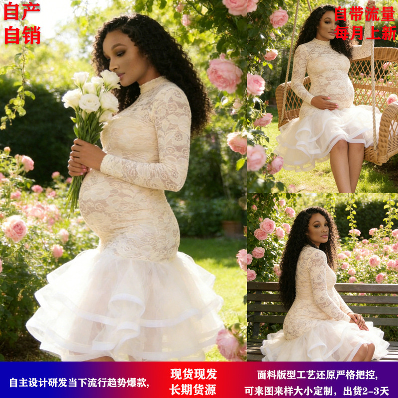 Amazon Ebay Independent Site Round Neck Stretch Lace Long Sleeve Spliced Organza Pleated Dress with Mesh Inserts