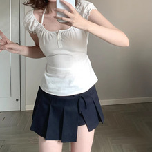 【纯白之恋】挂脖系带设计短袖T恤女春夏季薄款甜美修身百搭上衣