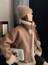 美拉德咖色羊羔毛外套女秋冬2025新款短款机车风加厚皮毛一体棉服