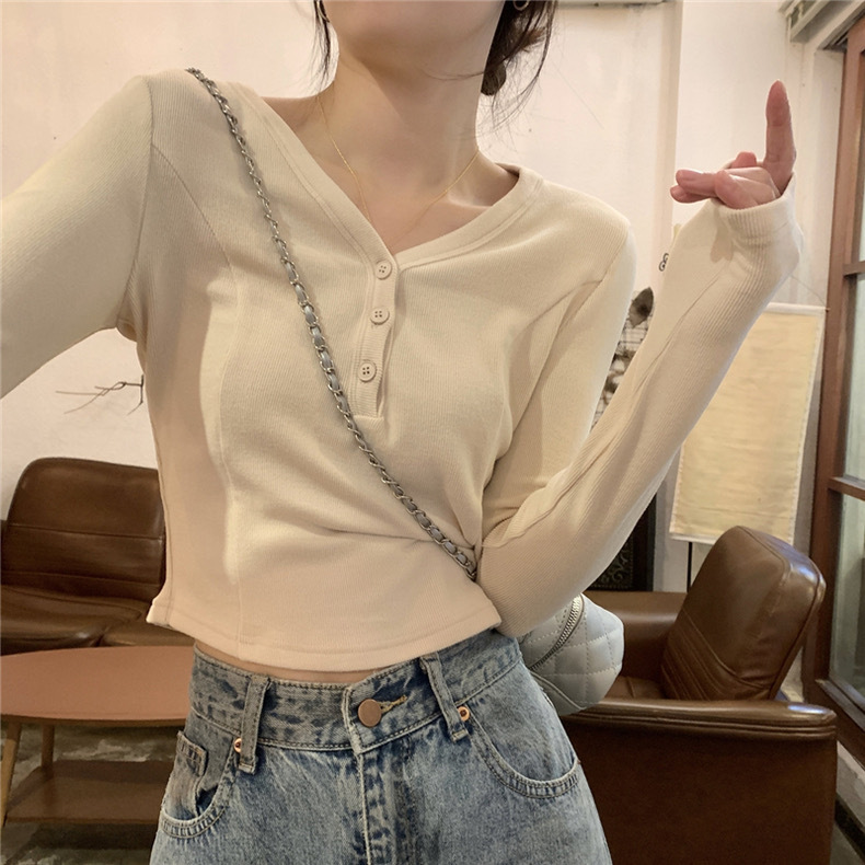 Trendy Short Long-Sleeve T-Shirt for Petite Women, Spring and Autumn Slim Fit V-Neck Base Shirt Top