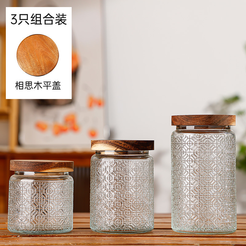 Hogar vintage Begonia flor realzada snack caramelo almacenamiento tarro bambú cubierta americana cocina transparente vidrio sellado frasco