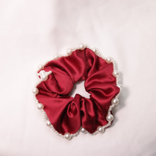 2023韓版新款高端緞面發帶布藝淑女夏 大腸發圈珍珠褶皺紅色發飾
