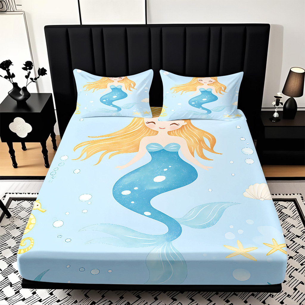 JIT modo Temu 3D impresión de caricatura sirena cama textil casera camisa ropa de cama tres piezas set transfronterizo mayorista