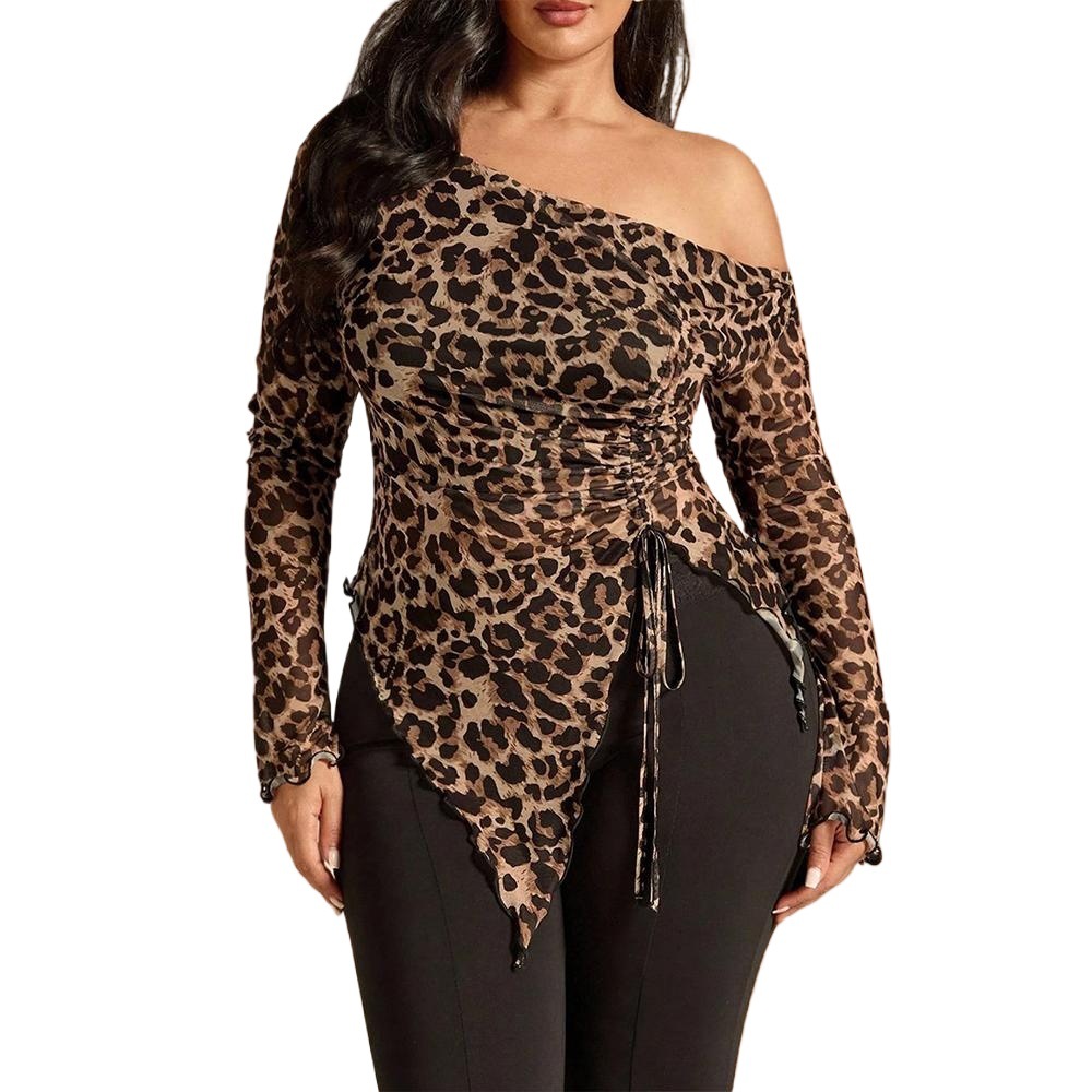 Brand Women’s Leopard Print Asymmetric One Shoulder Mesh Top, Flare Long Sleeve Slim Fit Sheer Blouse For Club Night Daily Casual Wear_ecoleips.com