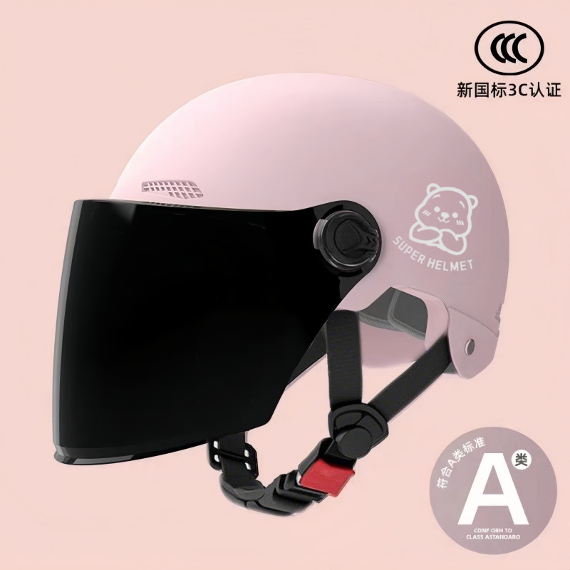 Universal New National Standard 3C Certified Electric Motorcycle Helmet (Motosiklet kaskı (dəbilqə)) - 02-pink-tea-color-long-mirror-silver-white-bear