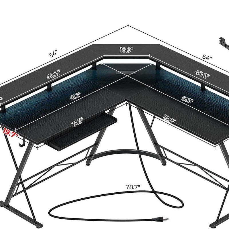Amazon Customized Hot Style with Power Socket and Led Light, L Shape Computer Desk with Keyboard Tray