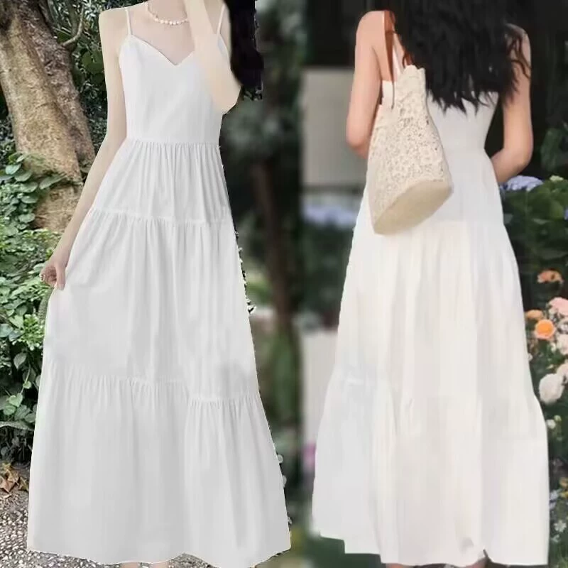 Французское дизайнерское белое платье с v-образным вырезом на подтяжках для женщин, летняя новая длинная юбка на талии для отдыха на море
