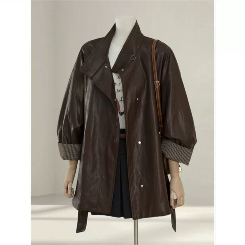 Coffee autumn polyurethane jacket, high-quality style, oversize, loose fit