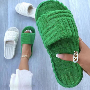 Cross-border foreign trade plus size thick-soled warm plush slippers women's autumn and winter European and American independent station New embossed towel cotton slippers