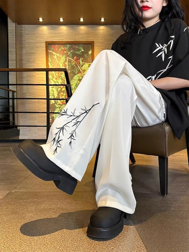 New Chinese-style high-elastic ice silk pants men's summer thin loose cool western pants fashion brand national style embroidered casual pants