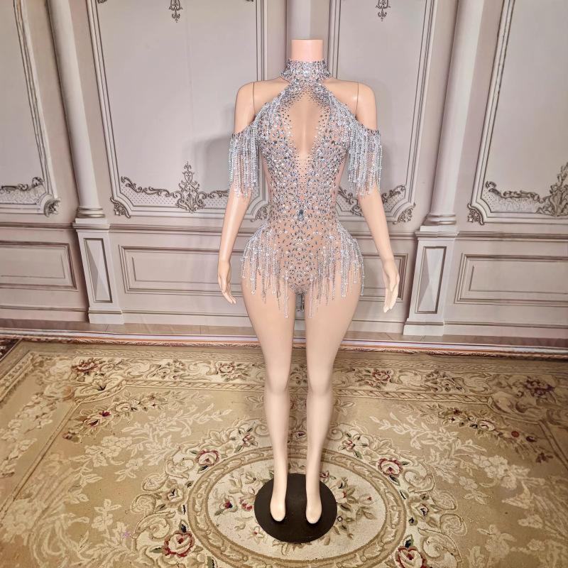 Glittering Silver Crystal Tassel Sexy Cut-Out Mini Skirt Nightclub Bar Dance Party Night Club Hot Girl Dress