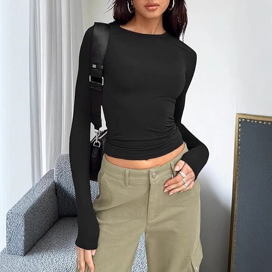 2025 European and American Cross-Border New Autum Women's Slim Pure Color Pullover Casual Long-Sleeved Tops and Bottoming Shirts to Look Slim 2025 European and American Cross-Border New Autum Women's Slim Pure Color Pullover Casual Long-Sleeved Tops and Bottoming Shirts to Look Slim