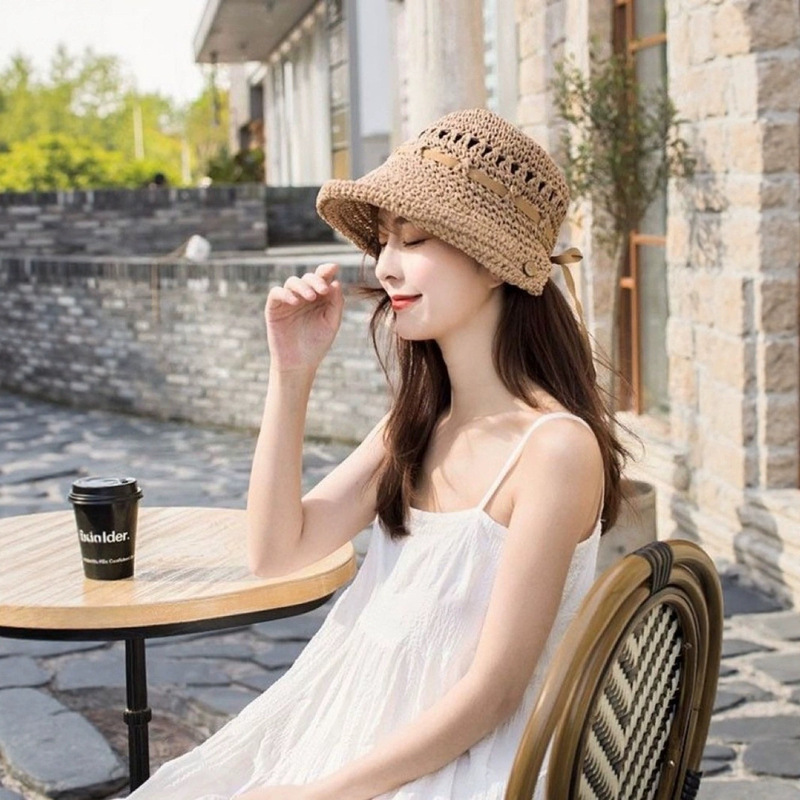 Japanese-Style Original Straw Hat for Women, Fashionable Sun Protection, Five Color Options, Foldable Design, Long Straight Wig Straw Hat