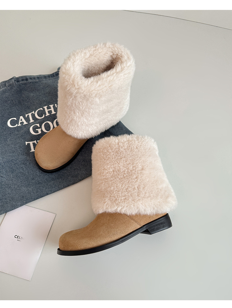 Boot nữ cổ cao lông mềm đế bằng, lót lông cừu dày dặn giữ ấm, kiểu lật cổ — màu nâu chi tiết 19