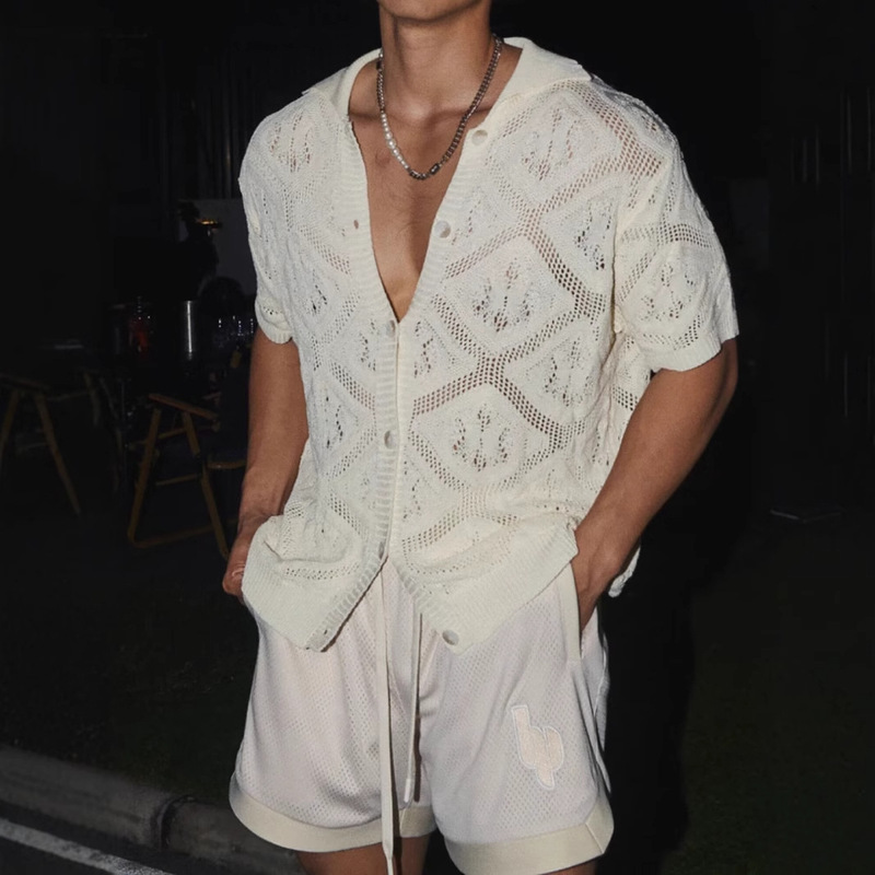 American Knitted Hollow Shirt Men's Summer New Textured Sun Protection Light and Breathable Casual Loose Top Jacket