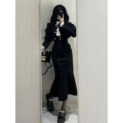 大码富家千金韩系小香风外套女秋冬季假两件遮肉显瘦鱼尾连衣裙