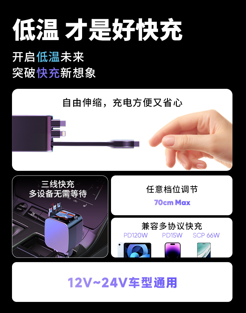Car Charger with Super Fast Charging and Built-In Retractable Cable, Suitable for Apple 17, Huawei, Xiaomi Phones, and Universal for Starry Sky Car Interiors