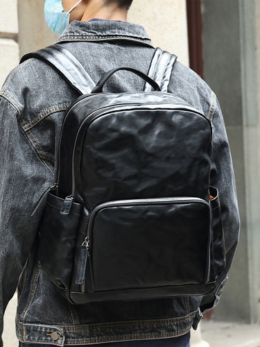 New leather double shoulder bag with 15-inch large capacity for computers, commuting, high-end genuine leather business backpack