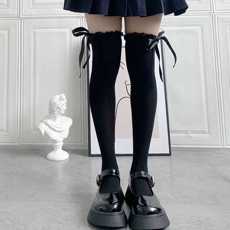 Lolita dulce chica calcetines altos terciopelo satén encaje medias JK estilo preppy sobre la rodilla Calcetines