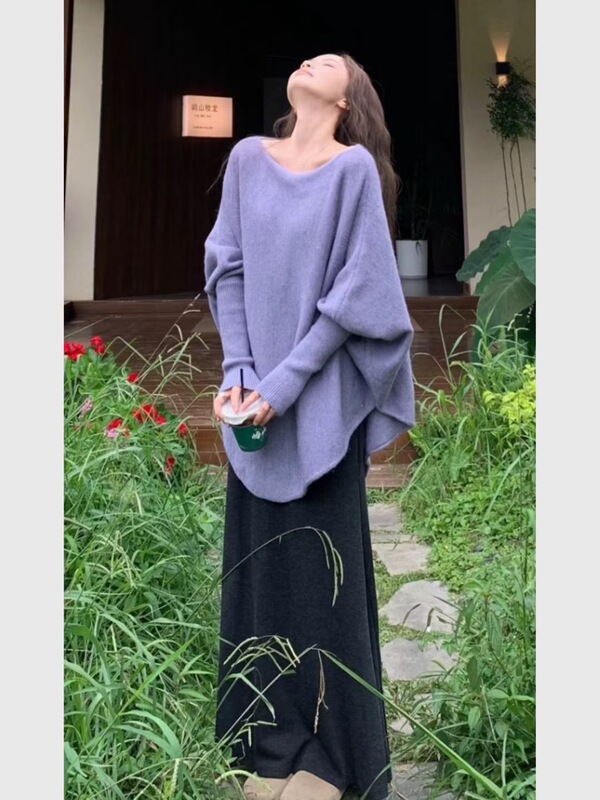 紫色不规则斜肩套头毛衣女秋季宽松露肩2025新款慵懒风针织衫衣|undefined