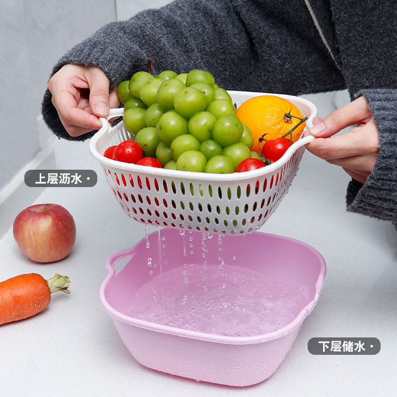新款双层沥水篮洗菜塑料厨房水果篮子家用多功能清洗神器加厚菜篮|undefined