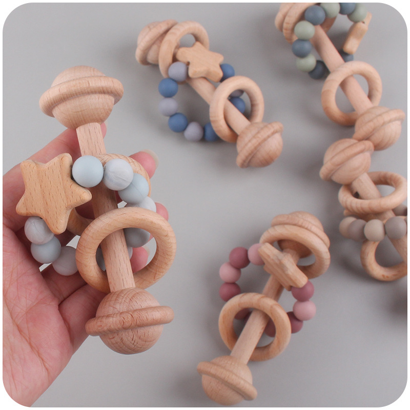 Juguete infantil creativo Mordedor de haya bebé estrella de mano sonajero cuentas de silicona bebé ejercicio interactivo mordedor palo