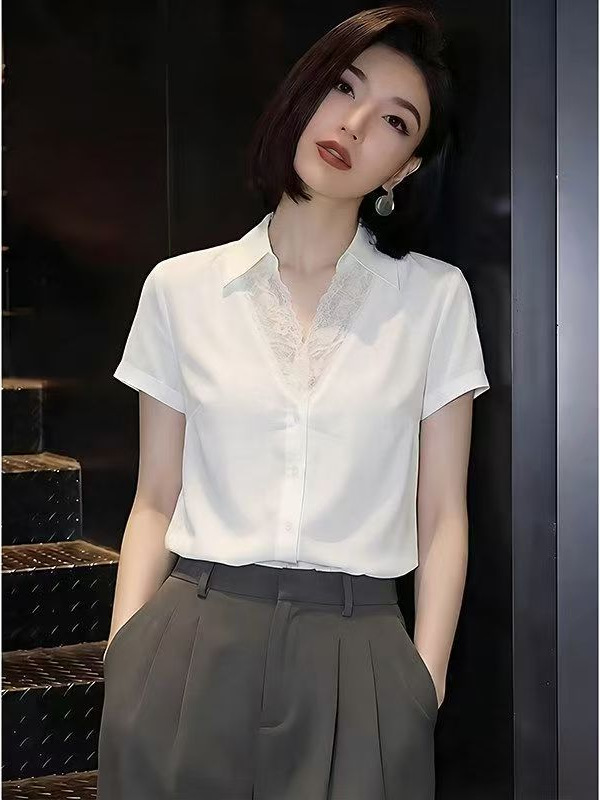 Áo sơ mi nữ ren ghép trắng cổ ve thiết kế dáng suông — trắng