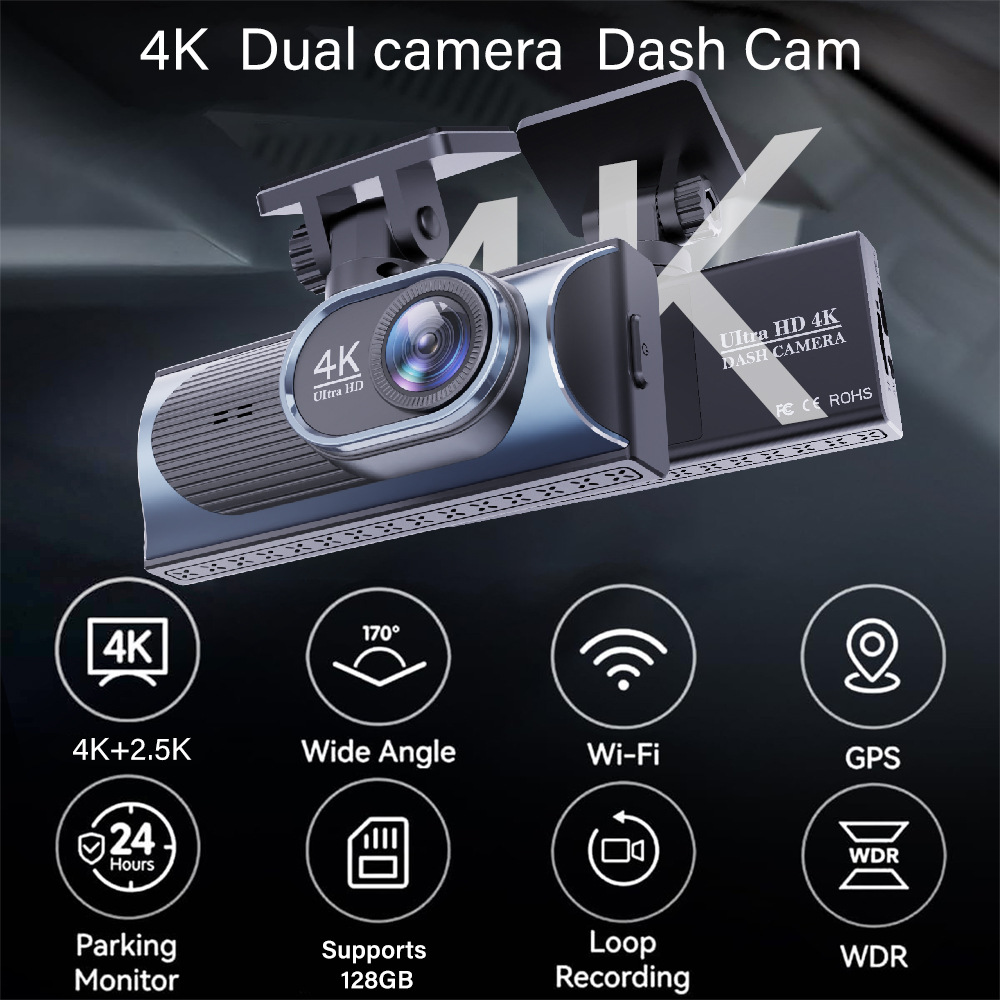 Cross-Border New Model Dash Cam with High-Definition 4K Front and Rear Dual Recording, Mobile Phone Wf Connectivity, Gps Driving Trajectory, In-Car Dvr