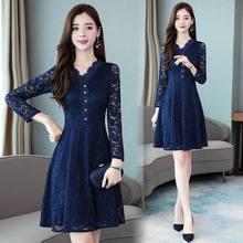 实拍长袖连衣裙蕾丝大码女装新款秋装女中长款冬季加绒打底裙子潮